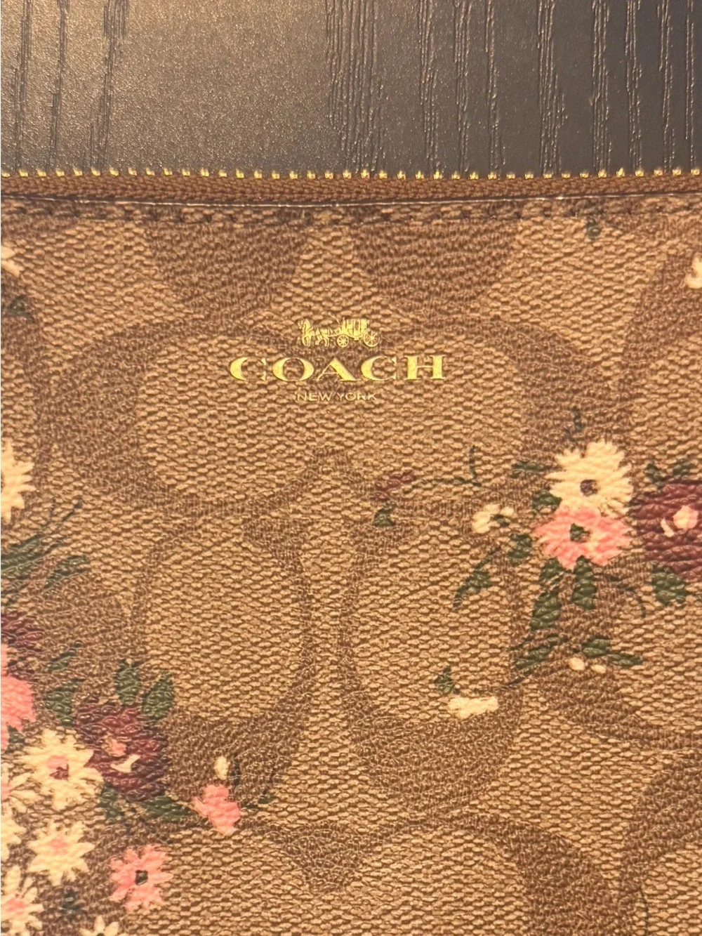 Coach Khaki Floral Signature Canvas Wristlet with Pink Blooms